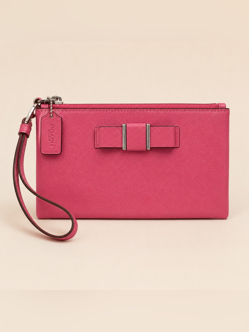 Coach Pink Darcy Bow Pink Crossgrain Leather Wristlet & Hang Tag